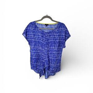 Ann Taylor Blue & White Short Sleeve Tie Front Blouse Size Small